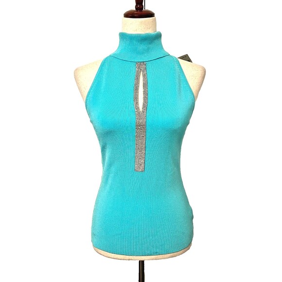 Cache NWT $98 Embellished Sweater Sleeveless Turtleneck Size M Keyhole Turquoise - Picture 1 of 11
